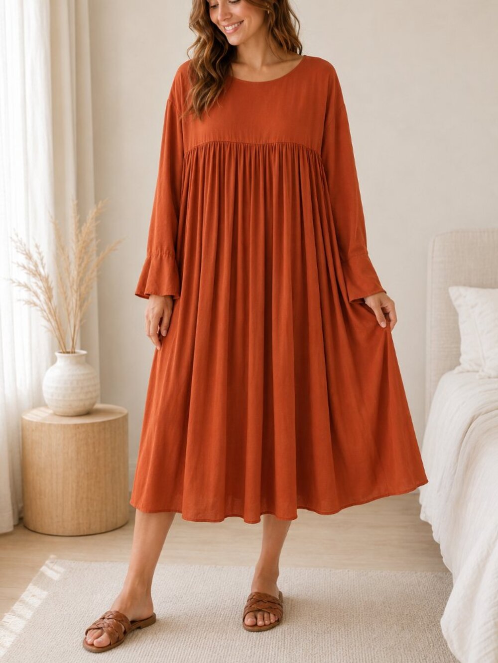nap Loungewear Burnt Orange Flowy Pleated Midi Dress Sz. S